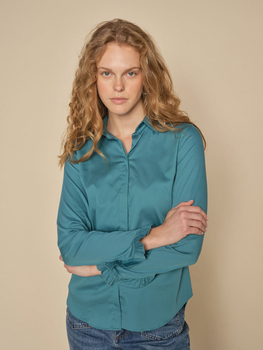 Mos Mosh Mattie Flip Shirt Fitted Stretch Cotton Shirt With Frill Cuff White